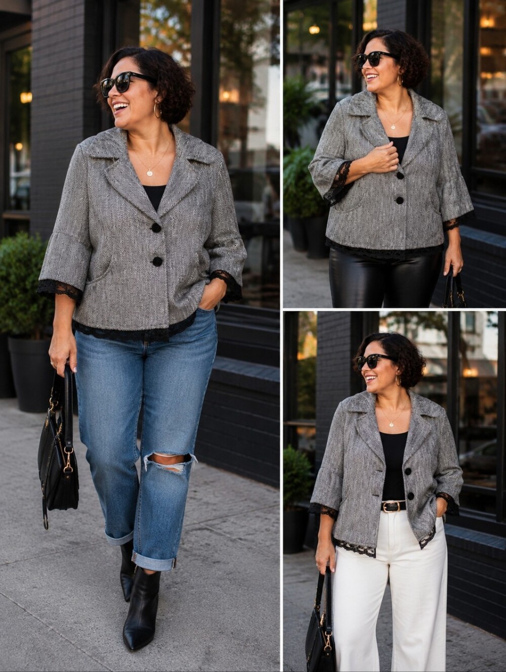 Artifacts Women's Gray Herringbone Lace-Trim Blazer